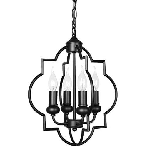 Lingkai Modern Chandelier Foyer Lantern 4-Light Candle Pendant Lighting Industrial Ceiling Hanging Light for Hallway Kitchen Dining Room Fixture Black Finish