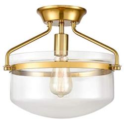 Modern Mid-Century Gold Clear Glass Ceiling Lights Brass 14'' Wide Semi Flush Mount Ceiling Lighting Fixture for Bedroom Kitchen Hallway Bathroom