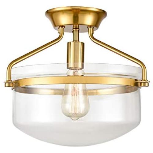 Modern Mid-Century Gold Clear Glass Ceiling Lights Brass 14'' Wide Semi Flush Mount Ceiling Lighting Fixture for Bedroom Kitchen Hallway Bathroom