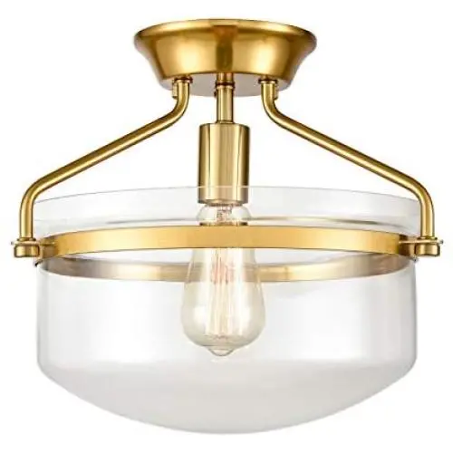 Modern Mid-Century Gold Clear Glass Ceiling Lights Brass 14'' Wide Semi Flush Mount Ceiling Lighting Fixture for Bedroom Kitchen Hallway Bathroom