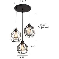 UOFUS 3-Light Pendant Lighting with Black Metal Cage Shade Adjustable Modern Light Fixture for Kitchen Living Room Bedroom Hallway Bar
