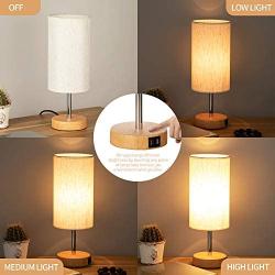 Bedside Lamp with USB port - Touch Control Table Lamp for Bedroom Wood 3 Way Dimmable Nightstand Lamp with Round Flaxen Fabric Shade for Living Room, Kids Room, College Dorm, Office(LED Bulb Included)
