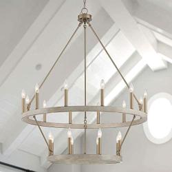 Vanity Art Farmhouse Vintage 20 Lights Wagon Wheel Chandelier Lighting Ceiling Light Fixtures for Living Room (Whitewood+BrassDust) 10588WO-BD