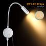 Plug-in Bedside Reading Wall Light with USB Charging Port, LED Wall Mounted Lamp, Flexible Wall Sconce, Brushed Nickel Finished (3W Warm White)