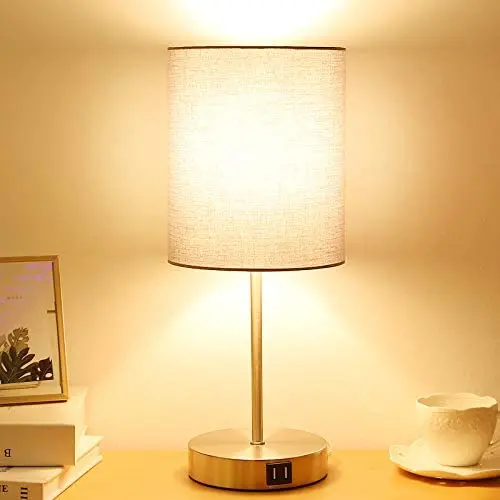 Touch Control 3-Way Dimmable Grey Bedside Table Lamp, 2 USB Charging Ports Nightstand Lamp with 3000K Warm White Bulbs, Round Fabric Shade Modern Desk Reading Lamp for Bedroom Living Room Touch Control 3-Way Dimmable Grey Bedside Table Lamp, 2 USB Charging Ports Nightstand Lamp with 3000K Warm White Bulbs, Round Fabric Shade Modern Desk Reading Lamp for Bedroom Living Room