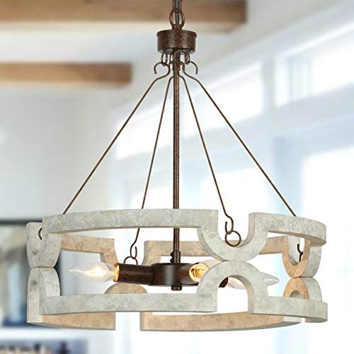 Derksic Farmhouse Chandelier 4-Light Wood Drum Chandeliers in Hand-Painted White Finish for Kitchen Island Dining Room Living Room, 17.75” Dia