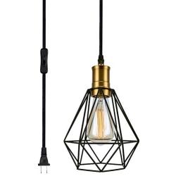 Wire Cage Pendant Light Plug in Light Fixture with On/Off Switch Diamond Shape Hanging Lamp with Vintage Bronze Socket Swag Lighting for Kitchen Island Dining Room Bar Counter (Black, 1 Light)