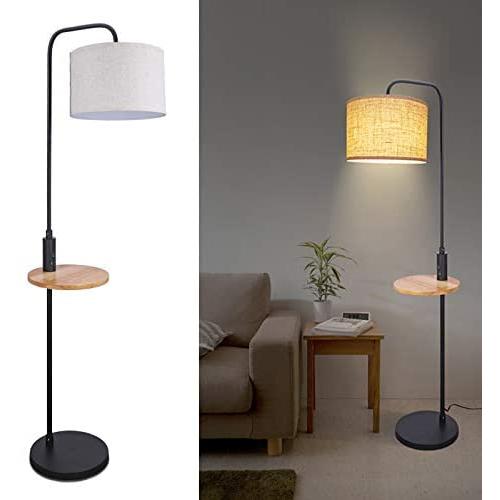 Modern Floor Lamp with Table, LED Minimalist Floor Lamp with USB Ports, AC Outlet and Wood Tray, 9W LED Bulb Included, Linen Fabric Lampshade Standing Lamp Suitable for Living Room, Bedroom, Office