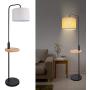 Modern Floor Lamp with Table, LED Minimalist Floor Lamp with USB Ports, AC Outlet and Wood Tray, 9W LED Bulb Included, Linen Fabric Lampshade Standing Lamp Suitable for Living Room, Bedroom, Office