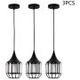 TFCFL 3 Pack Pendant Light Fixture, Industrial Crystal Ceiling Hanging Lighting Adjustable for Dining Room Living Room Kitchen Island (Black)