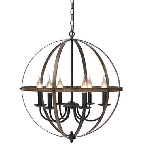 KingSo Pendant Light 6 Light Rustic Metal Chandelier 23.62 Oil Rubbed Bronze Finish Wood Texture Industrial Ceiling Hanging Light Fixture for Indoor Kitchen Island Dining Living Room Farmhouse