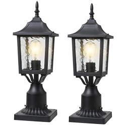 BEEZOK Exterior Lantern Outdoor Post Light - 2 Pack Post Lighting, Matt Black Pillar Lamp Fixtures with Water Rippled Glass for Patio Porch Garden Decor