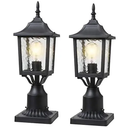 BEEZOK Exterior Lantern Outdoor Post Light - 2 Pack Post Lighting, Matt Black Pillar Lamp Fixtures with Water Rippled Glass for Patio Porch Garden Decor
