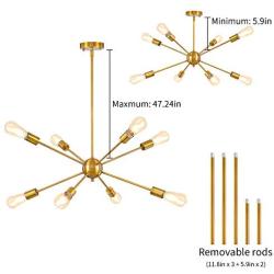 Modern Sputnik Chandeliers 8 Lights - Mid-Century Industrial Brushed Brass Light Fixture for Kitchen Living Room,Dining Room, Restaurant