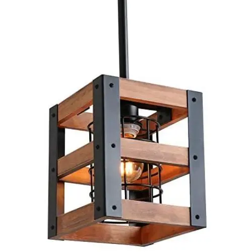 Eumyviv Cube Wood Metal Chandelier Net Cage Pendant Lighting for Kitchen Island, Rustic Industrial Edison Hanging Light Vintage Ceiling Light Fixture 1-Light (P0015)