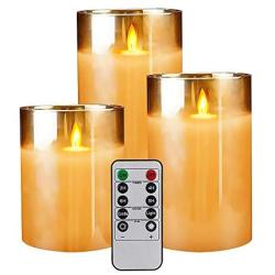 Flameless Led Candles Flickering, Yinuo Candle Real Wax Fake Wick Moving Flame Faux Wickless Pillar Battery Operated Candles with Timer Remote Glass Effect for Festival Wedding Home Party Decor