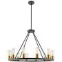 Kira Home Jericho 35'' 12-Light Large Rustic Farmhouse Wagon Wheel Chandelier, Round Kitchen Island Light, Warm Brass Accents + Black Finish