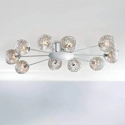 Wired Modern Ceiling Light Flush Mount Fixture Sputnik Chrome 38'' Wide 10-Light Glass Orb for Bedroom Kitchen Living Room Hallway Bathroom - Possini Euro Design