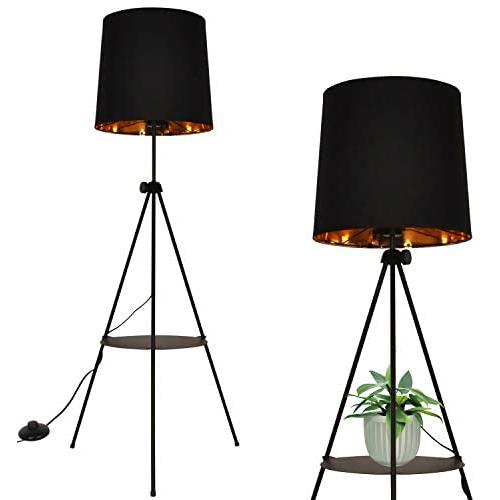 Contemporary Industrial Black Shade Tripod Floor Lamp with Shelves- Modern Mid Century Design Standing Light with Metal Legs - Adjustable Height Reading Light for Living Room Bedside Office