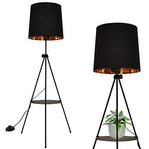 Contemporary Industrial Black Shade Tripod Floor Lamp with Shelves- Modern Mid Century Design Standing Light with Metal Legs - Adjustable Height Reading Light for Living Room Bedside Office Contemporary Industrial Black Shade Tripod Floor Lamp with Shelves- Modern Mid Century Design Standing Light with Metal Legs - Adjustable Height Reading Light for Living Room Bedside Office
