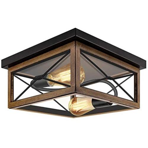 ROTTOGOON Flush Mount Ceiling Light, 2-Light Rustic Ceiling Light Fixture with Clear Tempered Glass Shade for Entryway, Hallway, Foyer, Dining Room, Living Room, Wood Grain Color and Black Finish