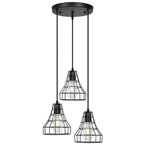 Farmhouse Black Pendant Lighting 3-Light Industrial Modern Hanging Lighting Fixtures for Dining Room Bedroom Kitchen Living Room Hallway Foyer Bar (Swag Lampshade)