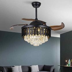 Healer 42 Inch Retractable Ceiling Fan with Remote Control 3 Lights Level Black, Modern Luxury Crystal Chandelier Fans Fandelier Dining Lamp for Living Room Bedroom