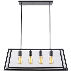 Lampundit Chandelier 4-Light Pendant, Matte Black Finish with Clear Glass Panels, Modern Industrial Square Linear Pendant Lighting for Kitchen Island Breakfast Bar Dining Room