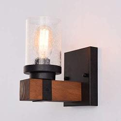 PUMING Industrial Wooden Wall Lights Fixtures,Modern Mid-Century Wall Lamps with Glass Shade for Bathroom Bedroom