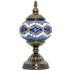 Marrakech Turkish Lamp Mosaic Glass Decorative Table Lamp for Bedroom, Living Room, Moroccan Lantern Rustic Home Decor Night Light Gifts for Women,Men (Blue)