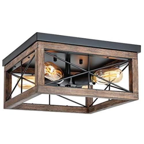 Eyassi 4-Light Wooden Flush Mount Ceiling Lights, Farmhouse Close to Ceiling Lighting Fixtures Black Ceiling Lamp for Kitchen Island Living Room Bedroom Hallway Laundry Entryway