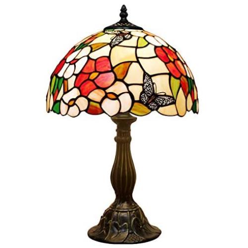 Tiffany Lamp Pink Stained Glass Style Butterfly Shade Table Reading Night Light W12H18 Inch S275 WERFACTORY LAMPS Antique Craft Gift Living Room Bedroom Study Office Coffee Bar Bedside Desk Nightstand