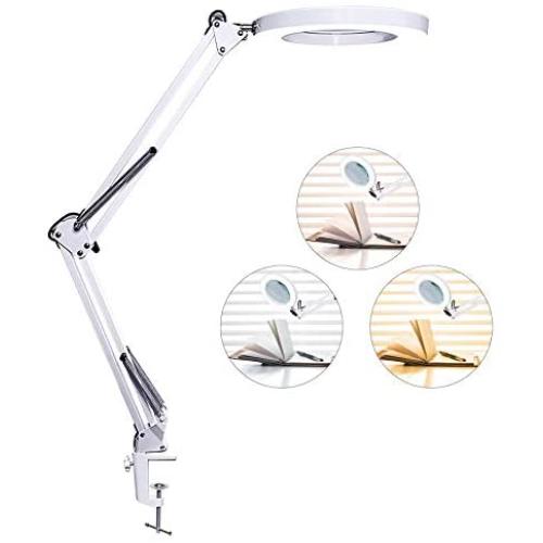 LED Desk Lamp, Architect Swing Arm Lamp with Clamp, 3 Color Modes and Dimmable Drafting Table Lamp, Eye-Caring Memory Function Desk Light for Workbench, Office, Task, Reading, Drawing - White
