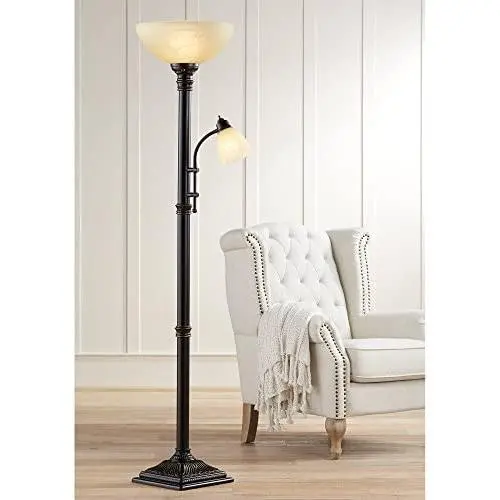 Garver Traditional Torchiere Floor Lamp 2-Light Oiled Rubbed Bronze Amber Glass Shades for Living Room Reading Bedroom - Regency Hill