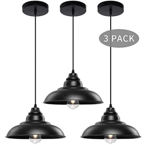 Pendant Lights, Lika Industrial Barn Ceiling Light Fixtures Black Hanging Pendant Lighting for Kitchen Island, Dining Room, Foyer (Black and Flat(Three Pack-Save$4.65))