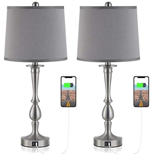 USB Table Lamp Set of 2 Bedside Lamp with USB Port, Kakanuo Grey Bedside Table Lamp 25.9” Nickel Finish, Modern Nightstand Lamps Table Lamps for Living Room, Bedroom and Office (Set of 2)