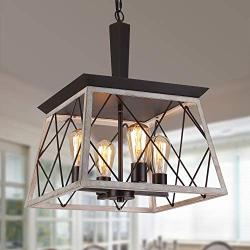 Q&S Farmhouse Vintage Chandelier, Rustic Pendant Light,Industrial Hanging Light Fixture for Dining Room Kitchen Island,Wrought Iron ,ORB+Oak White 4 Lights E26