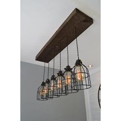 West Ninth Vintage Fayette Wood Pendant Chandelier Light - Farmhouse Rustic Lighting for Kitchen Island - Dining Room - Bar - Industrial - Billiard Table - Edison Cages - Six Pendants - Jacobean