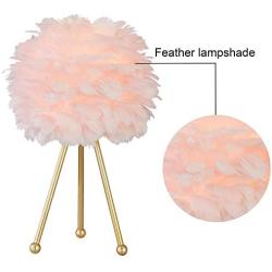 Maxax Table lamp Set of 2 Tripod Nightstand Lamp with Gold Finish, Feather Beside Table lamp for Bedrooms/Living Room/Dining Room/Kitchen, Pink