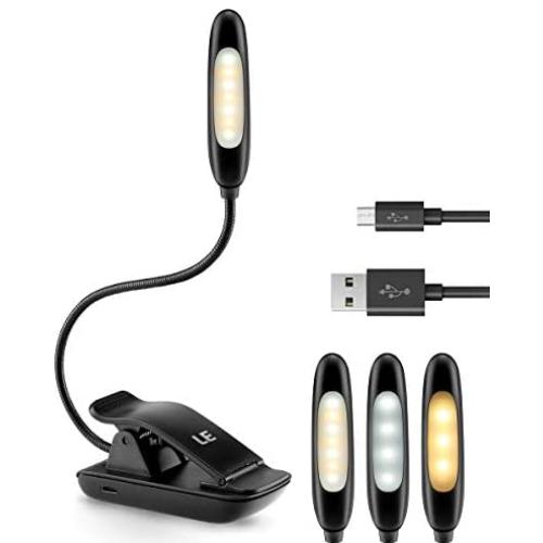 LE Rechargeable Book Light, Portable, 7 LED 3 Color x 3 Level Brightness Adjustable, Warm and Daylight White, Clip on Spotlight, Small USB Reading Light for Bedroom, Computer Work and More