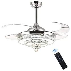 SILJOY Crystal Ceiling Fan with Lights Modern Fandelier Retractable Dimmable LED Chandelier Ceiling Light Fixture for Bedroom Dining Room Polished Chrome 42 Inches