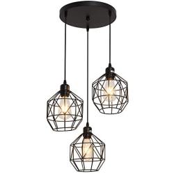 UOFUS 3-Light Pendant Lighting with Black Metal Cage Shade Adjustable Modern Light Fixture for Kitchen Living Room Bedroom Hallway Bar