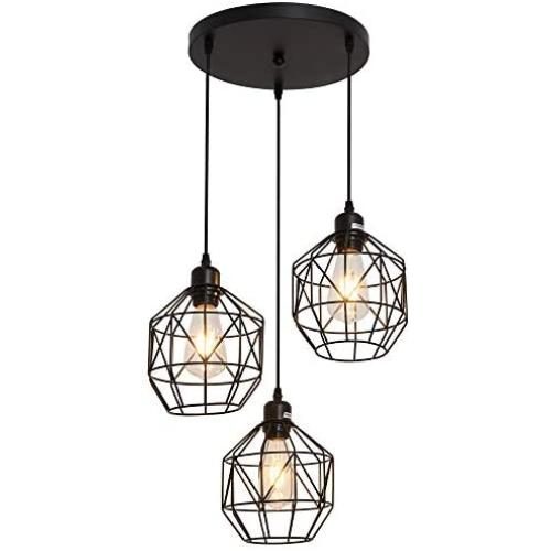 UOFUS 3-Light Pendant Lighting with Black Metal Cage Shade Adjustable Modern Light Fixture for Kitchen Living Room Bedroom Hallway Bar