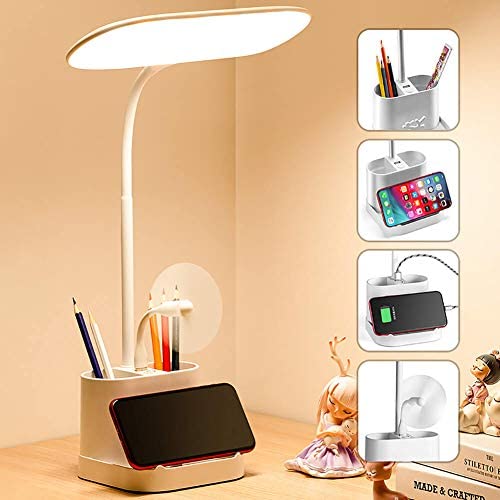 60 LED Desk Lamp for Home Office with USB Charging Port,Pen Holder,Gooseneck Adjustable Desk Lamp 3 Color Temperatures Stepless Dimming Touch Control for Bedroom Bedside Table Desktop Study Room