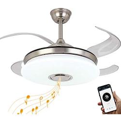 Retractable Ceiling Fan Lights with Bluetooth Speaker, 7 Color Change Bluetooth Retractable Chandelier Fan with Remote Mute LED Indoor Fan 42 inch Silver