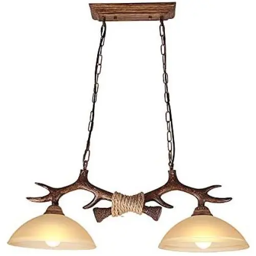 Ladiqi 2 Lights Pendant Light Industrial Farmhouse Dining Table Hanging Island Lighting Fixture Retro Antlers Chandelier Lights Amber for Kitchen Dining Room Living Room Bar