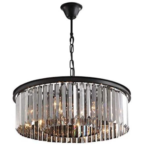 Siljoy Modern Crystal Chandelier, Round 6 Lights Ceiling Hanging Lamp Black Metal Frame Fixture for Dining Room Island Kitchen Dia 21.7''
