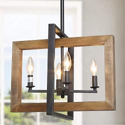 LOG BARN Dining Room Lighting Fixtures Hanging, Farmhouse Chandelier in Distressed Wood and Metal Finish, Black Pendant for Kitchen Island