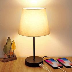 Touch Control Table Lamp, 3 Way Dimmable Nightstand Lamps with 2 USB Charging Ports, Fabric Shade Modern Beside Desk Lamp for Bedroom Living Room, 6W 2700K E26 LED Edison Bulbs Included