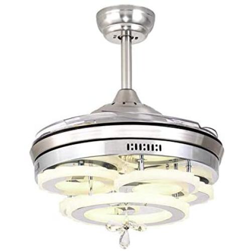 Lighting Groups 42 Inch Retractable Ceiling Fans with Light Remote Control 4 Invisible Clear Acrylic Reverse Blades Bedroom Dining Room Ceiling Fan Chandelier Indoor Fandelier Light Kits with Fans (42 Inch, Silver)